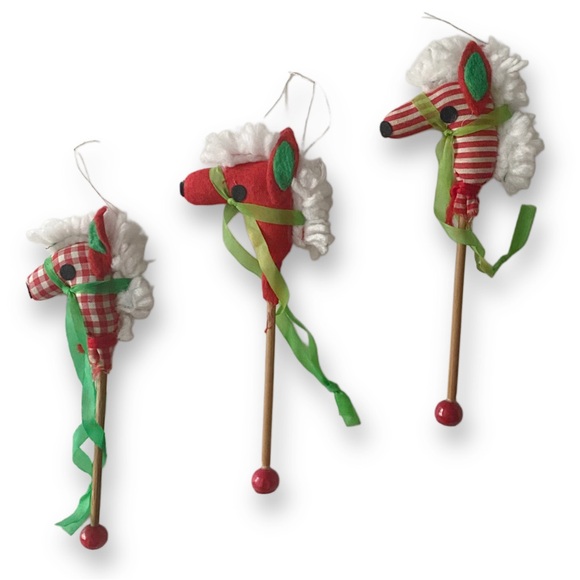 Vintage Trio Christmas Hobby Horse Push & Wood Red White and Green Ornaments - Picture 1 of 3
